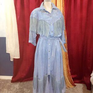 VTG Western Dress, Rodeo, Dancing, Fringe & Studs Light Blue Size Large